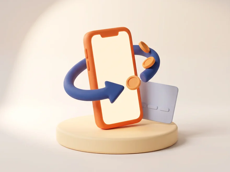 Ilustração de um celular com uma seta circular girando em volta e moedas acompanhando o movimento, com um cartão de crédito parado ao lado